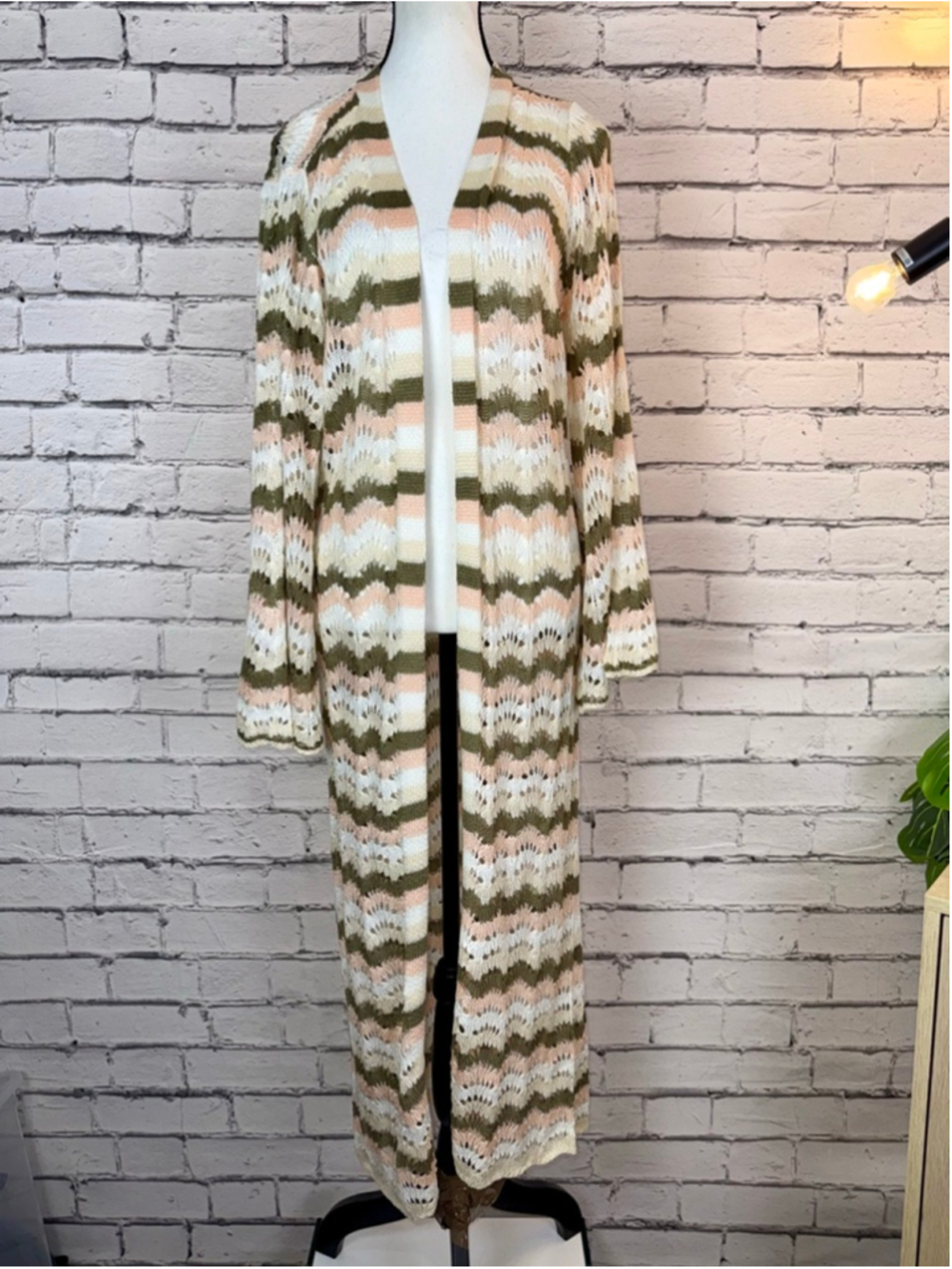 Women's VENUS Duster Knit Sweater Beach Crochet Pink Green Striped Size Large - Picture 3 of 12